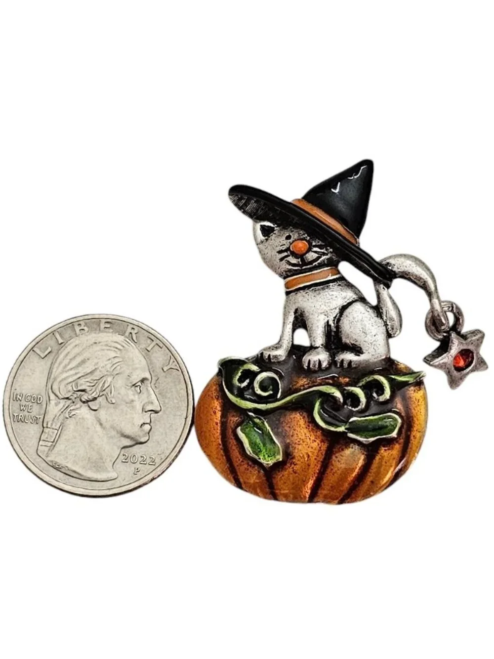 AJMC Witch Cat On Pumpkin Enamel Brooch, Star Dangle Charm Pin, Signed L444